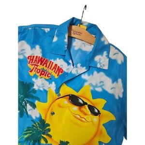 Vtg Hawaiian Tropic Tropical Sun Palm Tree Short Sleeve Shirt Mens Large Blue